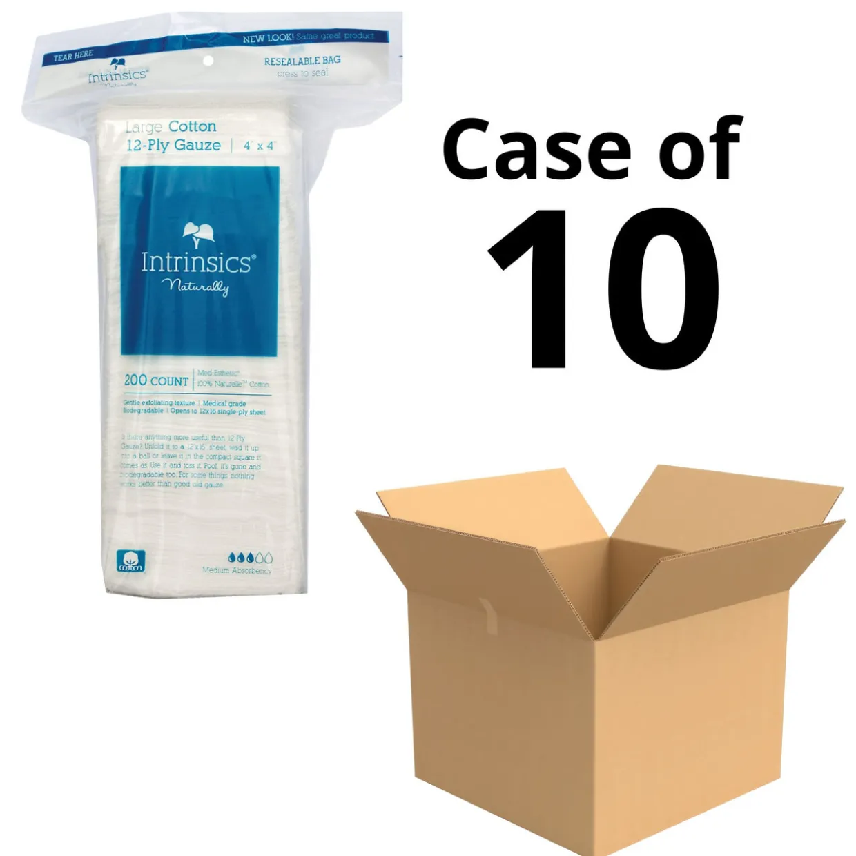 Intrinsics 401423 - Large Cotton 12-Ply Gauze, 4”x4”, 200 ct. Med-Esthetic® 100% Naturelle™ cotton, Case Pack of 10