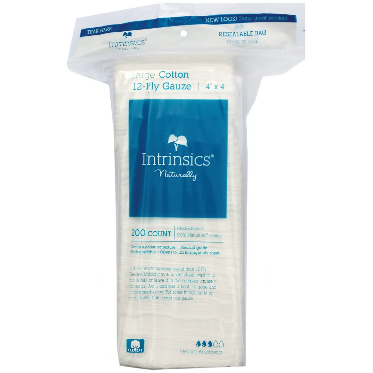 Intrinsics 401423 - Large Cotton 12-Ply Gauze, 4”x4”, 200 ct. Med-Esthetic® 100% Naturelle™ cotton